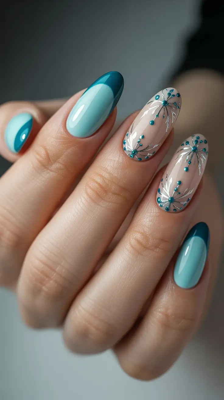 almond winter 2025 / 2026 nails design and color - Teal French Tips with Icy Floral Bursts
