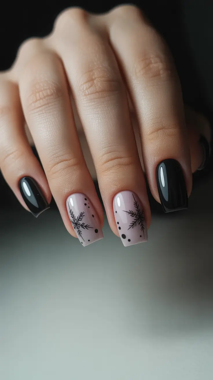 winter nails designs - Snowflake Noir on Dusty Mauve
