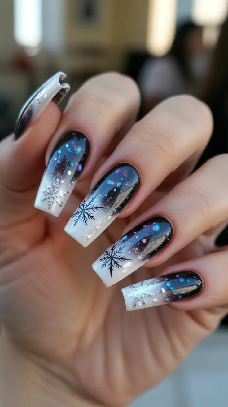 winter nails designs - Galaxy Fade Snowflakes on Squared Tips