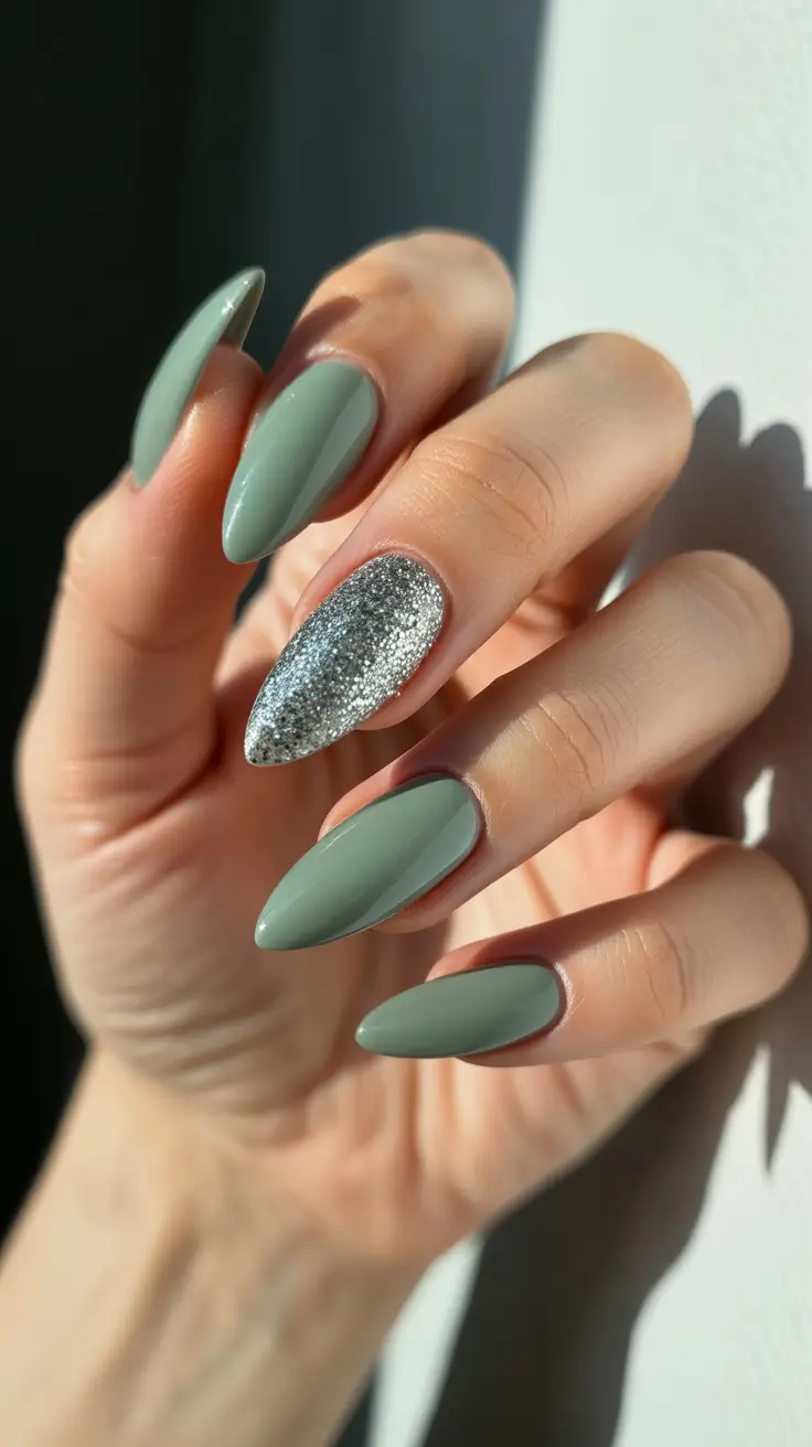 winter nails designs - Suede Sage With Silver Spotlight