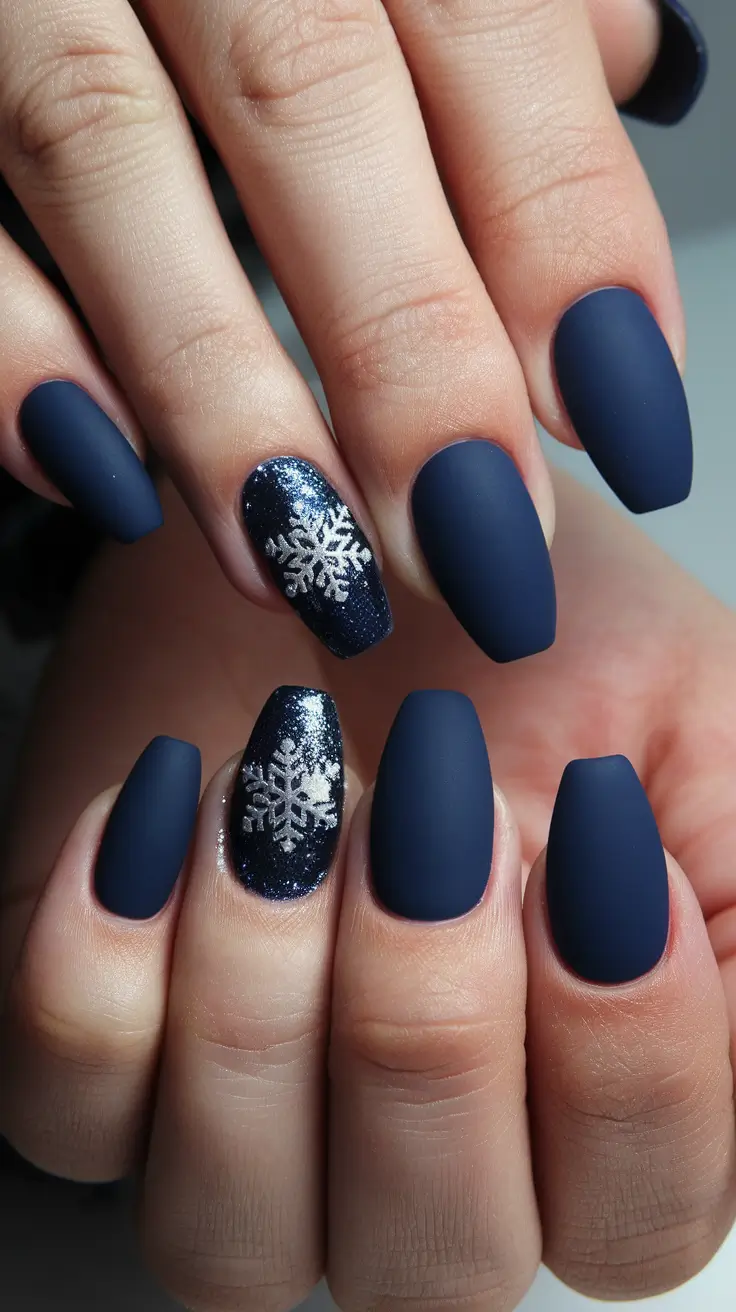 winter nails designs - Velvet Navy With Snow-Glow Accents