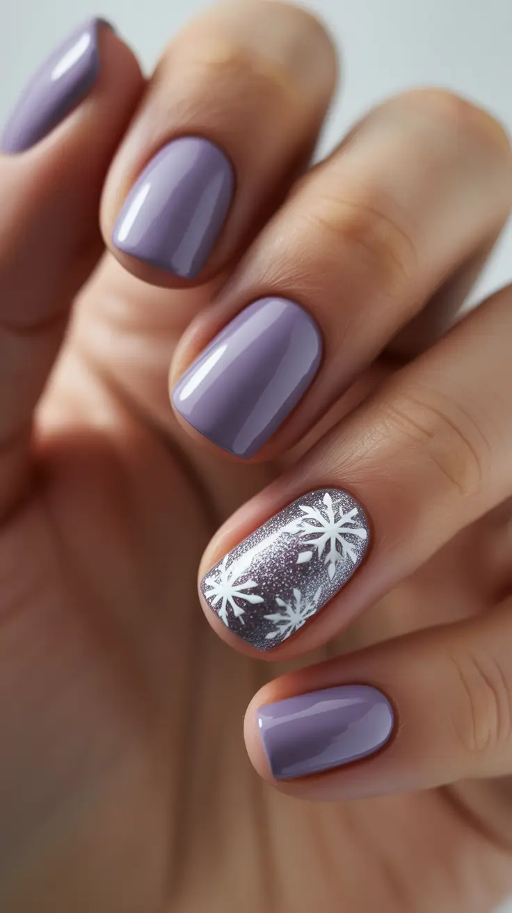 winter nails designs - Lavender Sheen With Snowy Feature