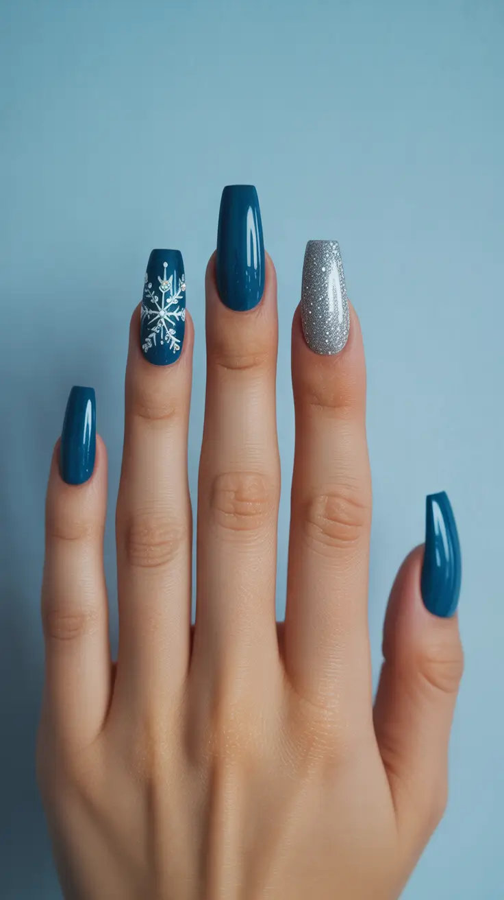 winter nails designs - Teal Snowflake With Platinum Accent