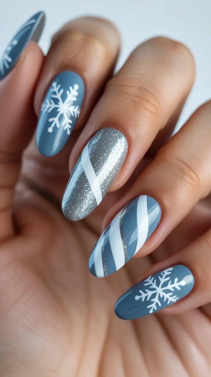 winter nails designs - Frosted Blue Snowflakes with Candy Ribbons