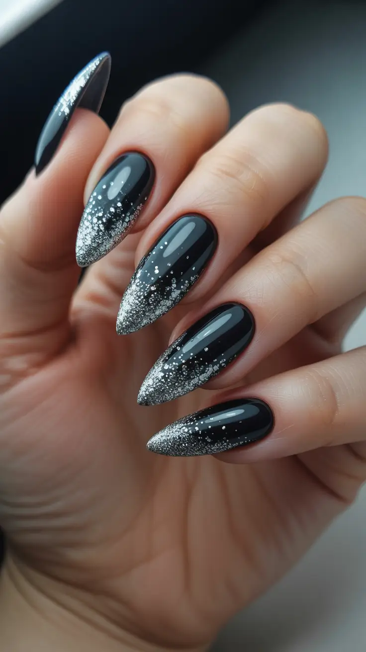 winter nails designs - Black Velvet with Silver Comet Tips