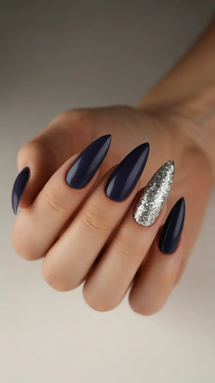 winter nails designs - Midnight Navy With a Star-Party Accent