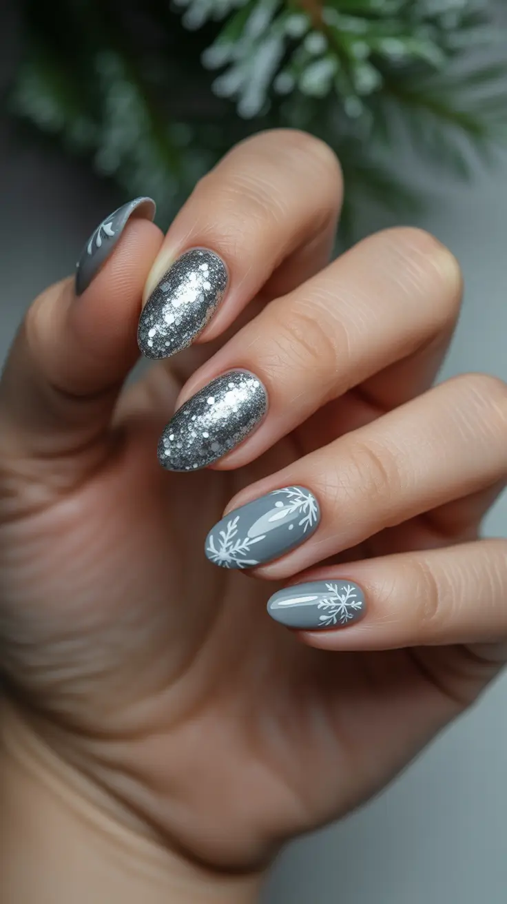winter nails designs - Silver Snowfall on Cozy Grey