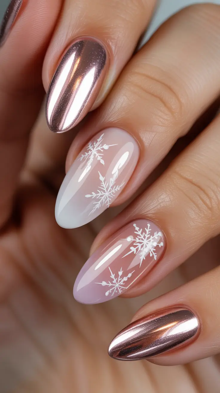 winter nails designs - Rose-Chrome Meets Snowflake Detail