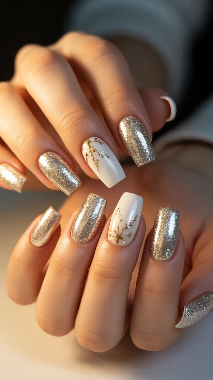 winter nails designs - Champagne Sparkle With Minimal Gold Sprigs