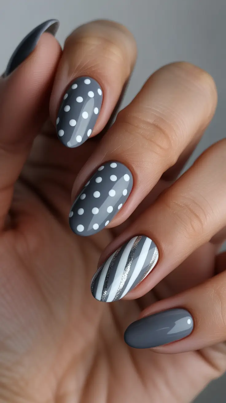 winter nails designs - Stormy Grey Dots and Candy Stripes