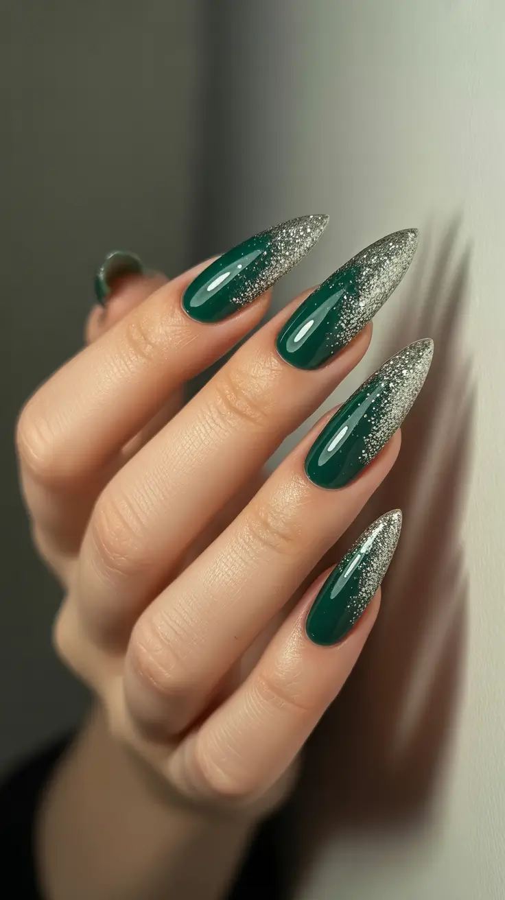 winter nails ideas 2025 - 2026 - Evergreen Almond With Platinum Snow Tips