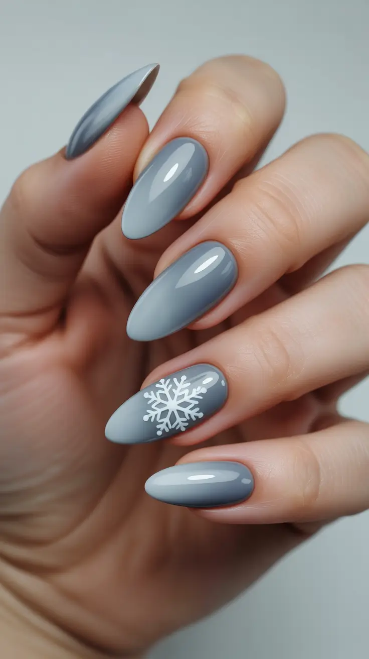 winter nails ideas 2025 - 2026 Cool-Grey Almond With Minimal Snowflake