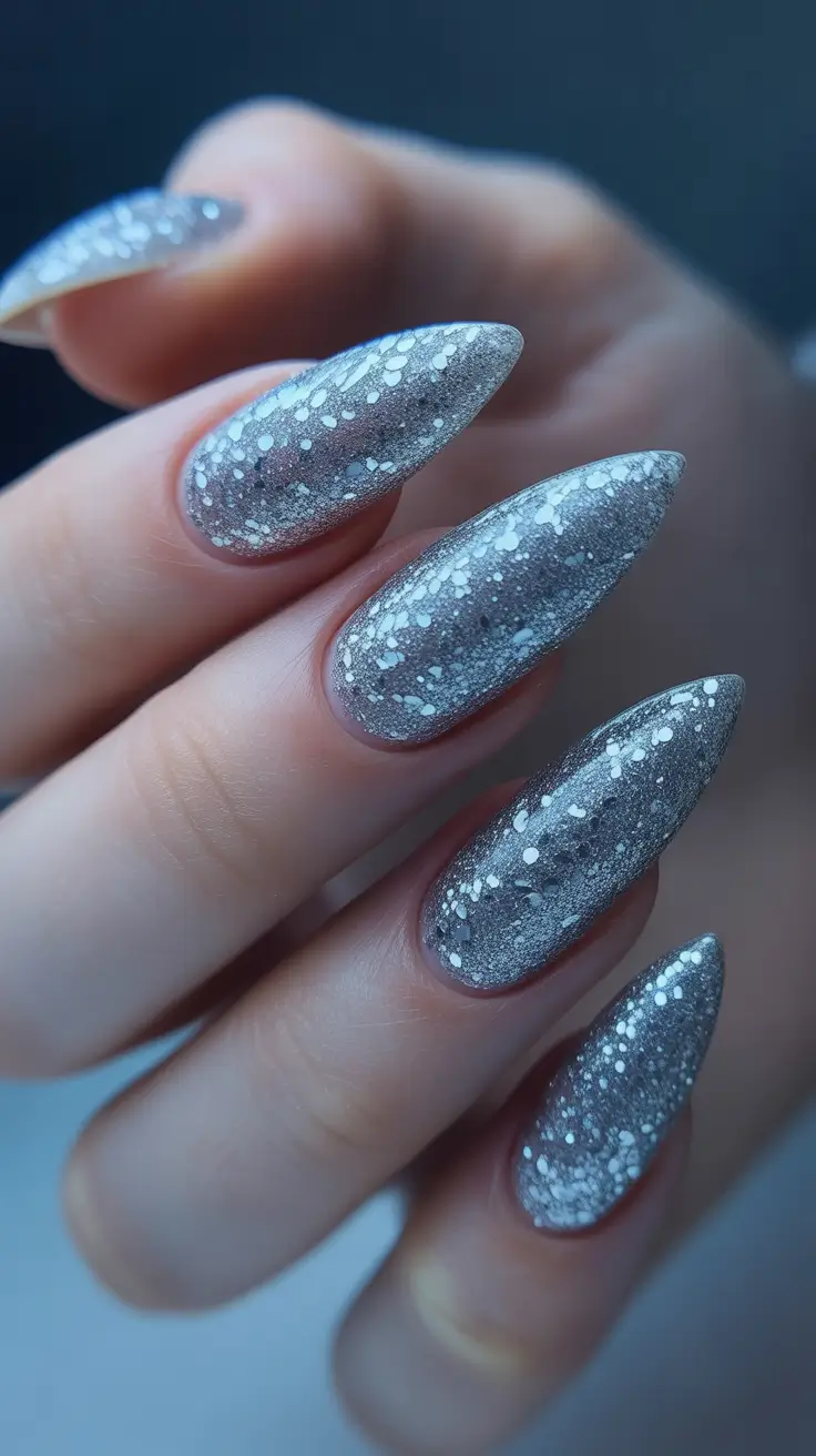 winter nails ideas 2025 - 2026 Silver Blizzard Micro-Glitter