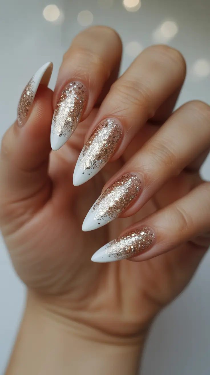 winter nails ideas 2025 - 2026 Rose-Gold Drift With Crisp White Tips