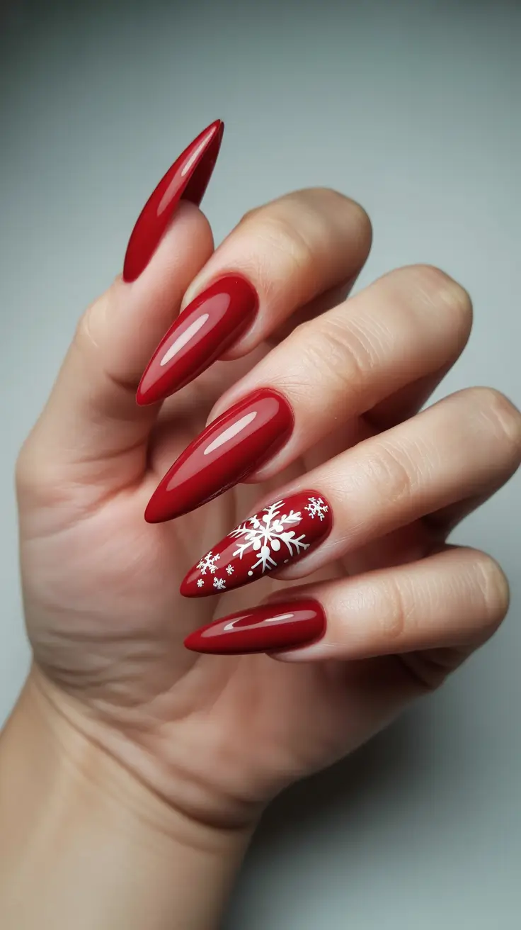 winter nails ideas 2025 - 2026 Classic Candy-Red With Snowy Accent