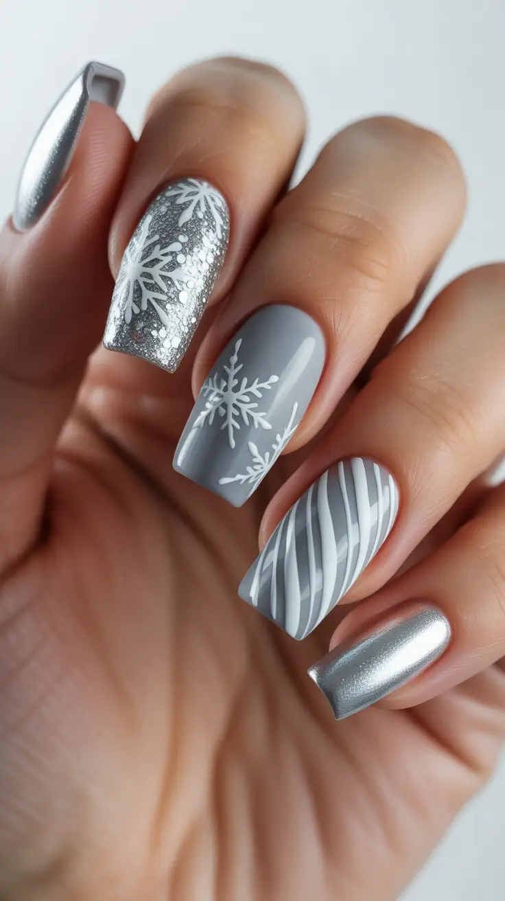 winter nails ideas 2025 - 2026 Chrome Silver and Grey Mix With Graphic Lines