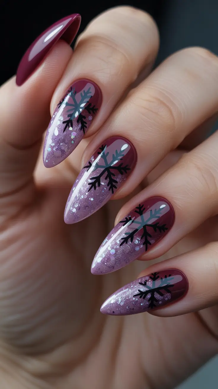 winter nails ideas 2025 - 2026 - Berry-Glow Almond With Bold Black Snowflakes