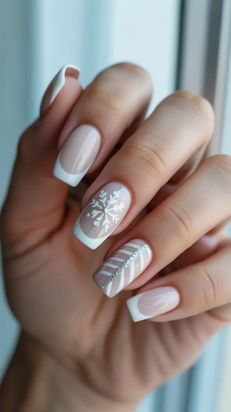 winter nails ideas 2025 - 2026 - Clean French Square With Crystal-Lined Snowflake