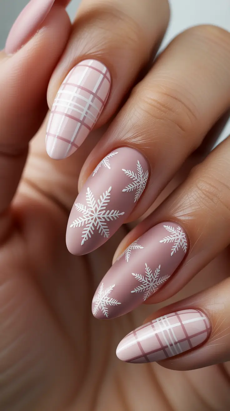winter nails ideas 2025 - 2026 - Matte Blush Plaid and White Flurries
