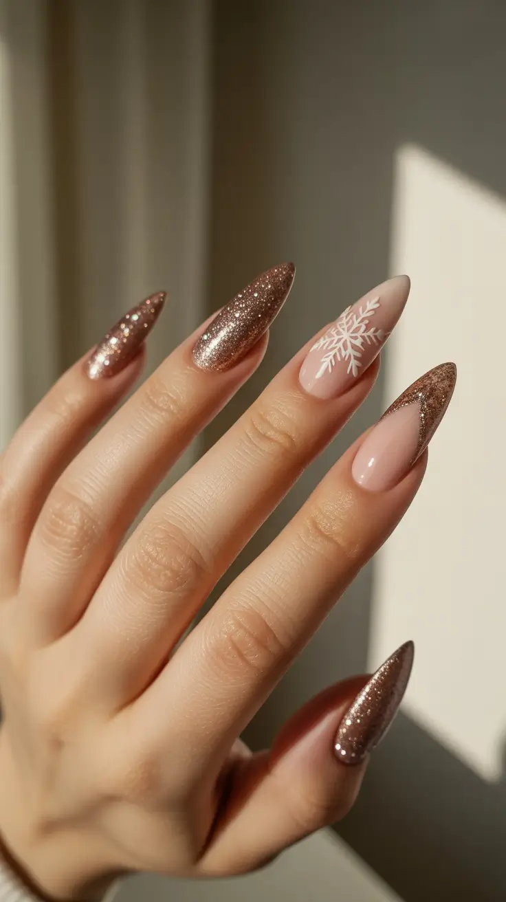 winter nails ideas 2025 - 2026 - Rose-Gold Stiletto With Snow-Kissed Accents