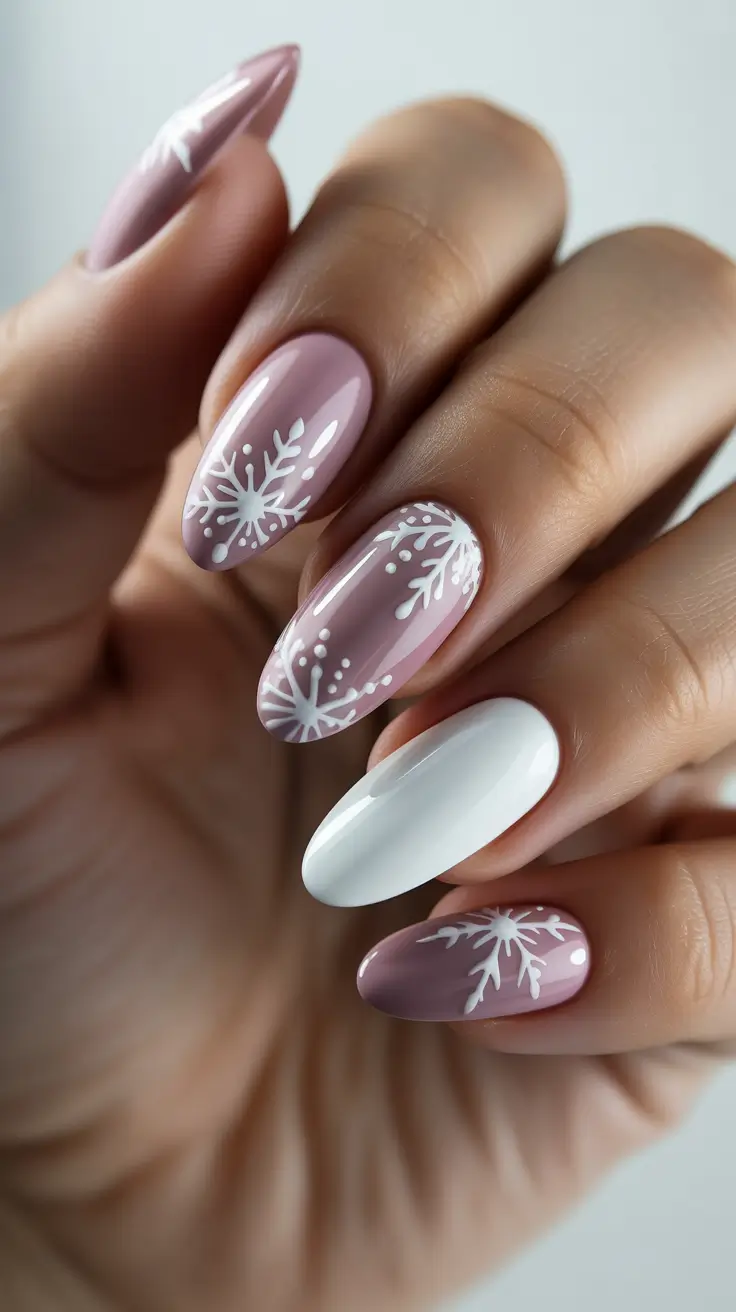 winter nails ideas 2025 - 2026 - Blush-and-White Snow Bloom Almond
