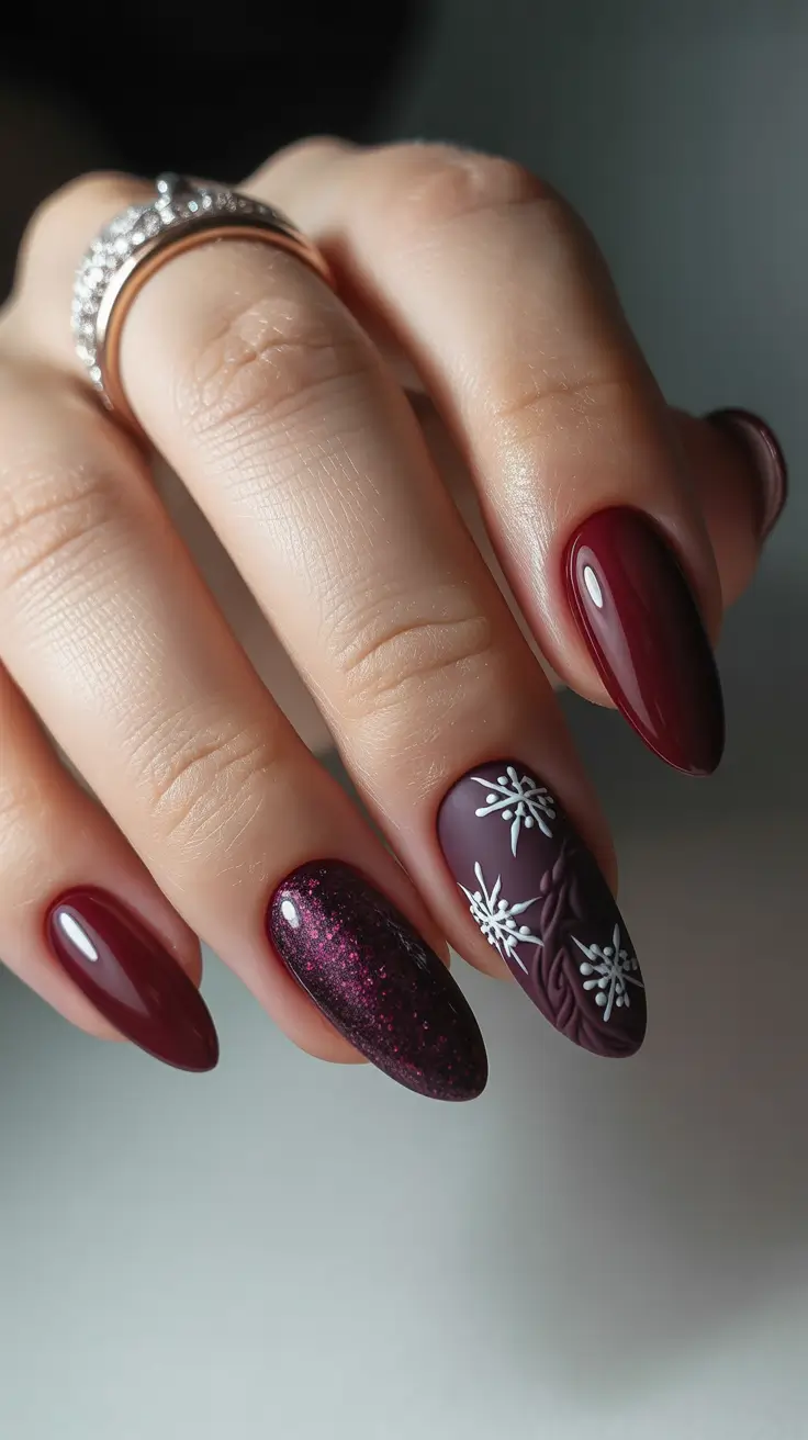 winter nails ideas 2025 - 2026 - Mulled-Wine Almond With Snowflake Accents