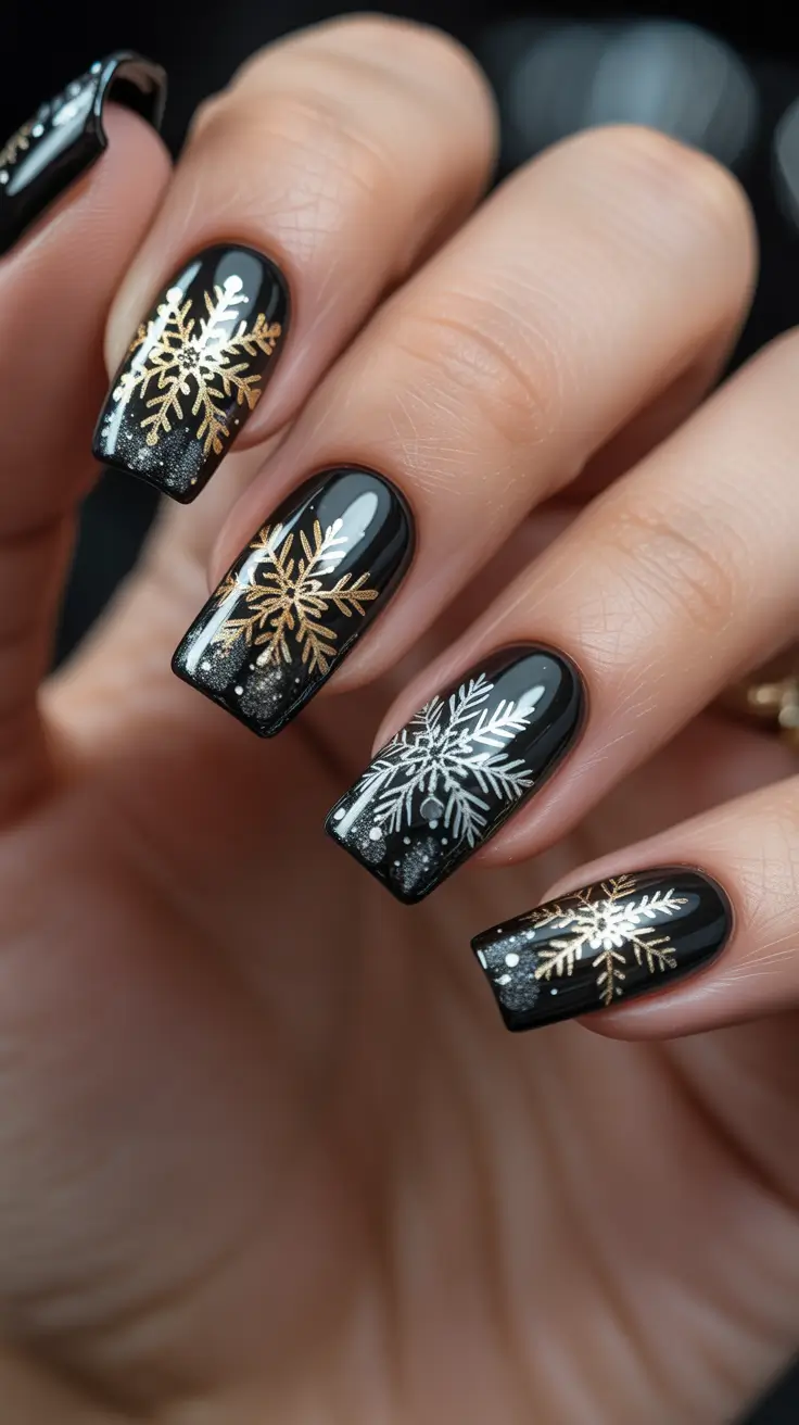 winter nails ideas 2025 - 2026 - Midnight Square With Mixed-Metal Snowflakes
