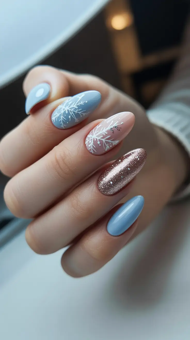 winter nails ideas 2025 - 2026 - Frosted Blue, Soft Nude, and Rose-Gold Sparkle