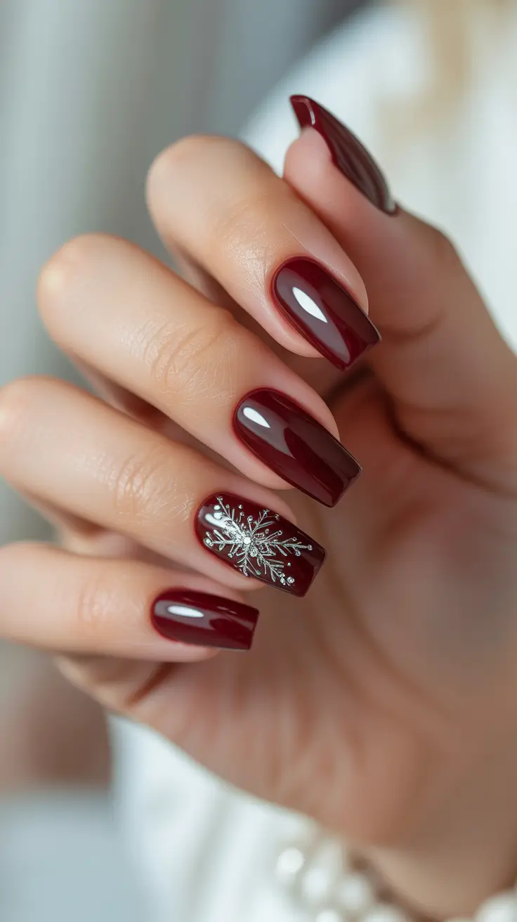 winter nails ideas 2025 - 2026 - Cranberry Square With Single Snowflake Accent