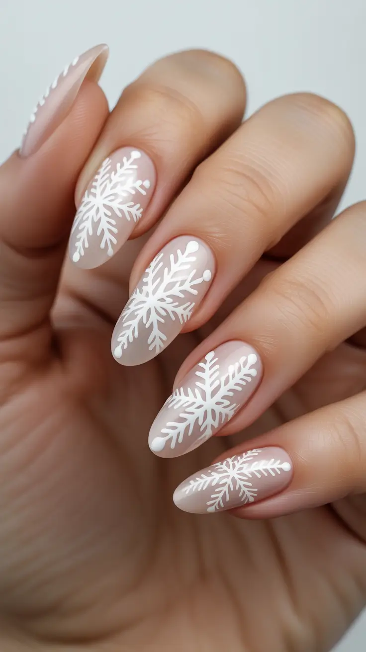 Winter Nail Inspo 2025-2026 - Frosted Almond With Graphic Snowflakes