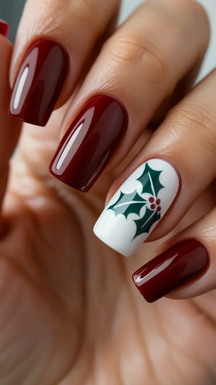 Winter Nail Inspo 2025-2026 - Holly Accent on Merlot Squares
