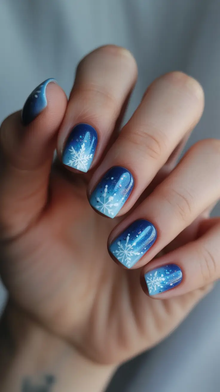 Winter Nail Inspo 2025-2026 - Midnight to Ice Ombre With Snowy Sparks
