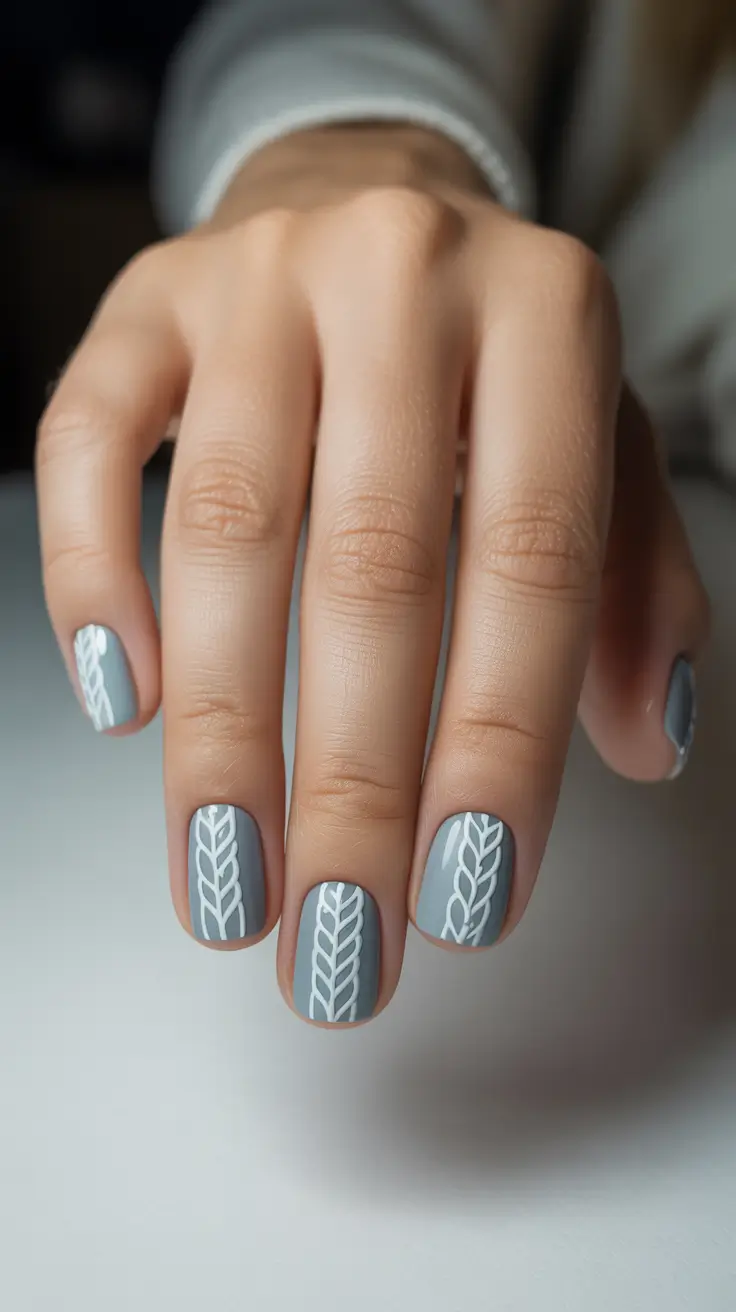 Winter Nail Inspo 2025-2026 - Soft-Gray Cable Lines on Short Nails