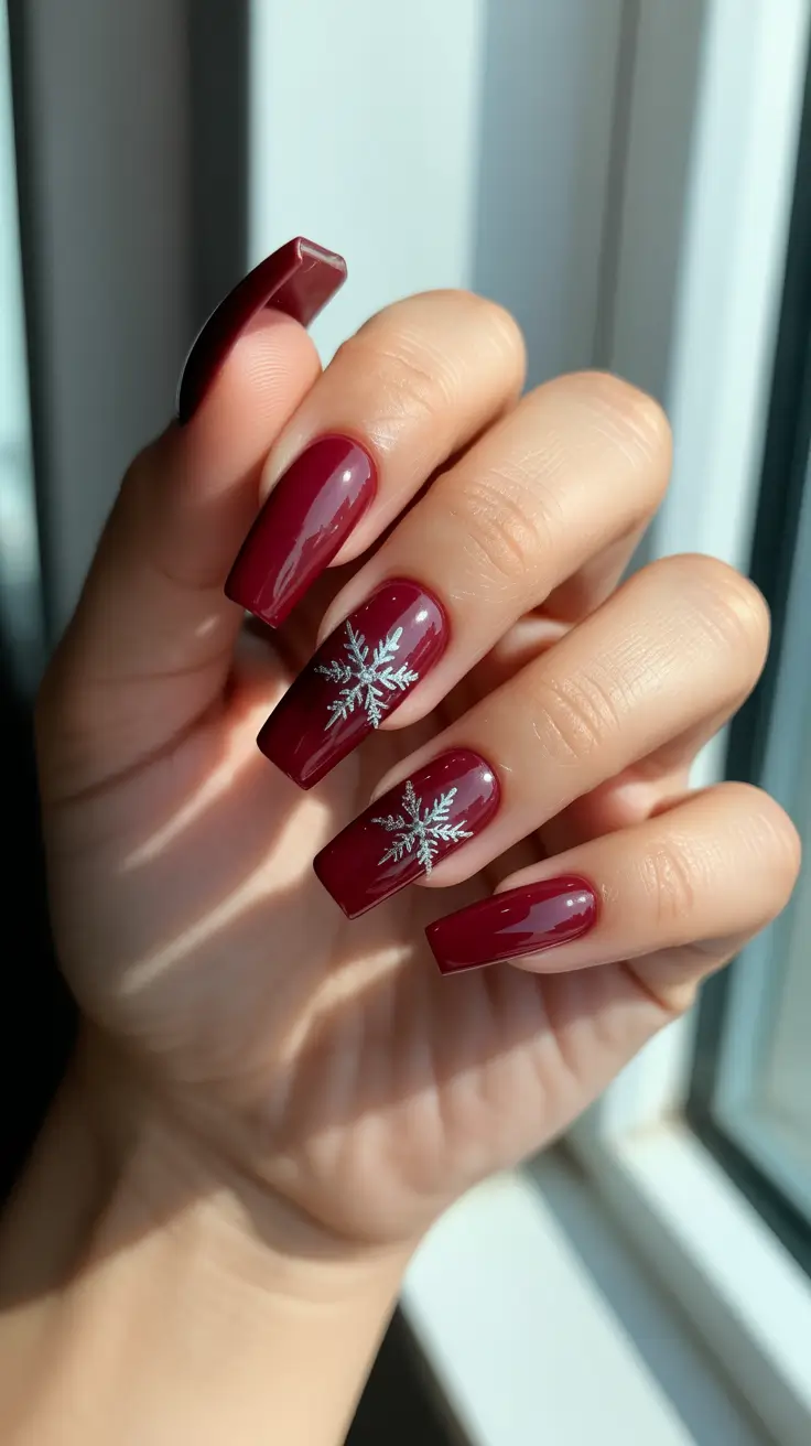 Winter Nail Inspo 2025-2026 - Mulled Wine Coffin With Silver Snow