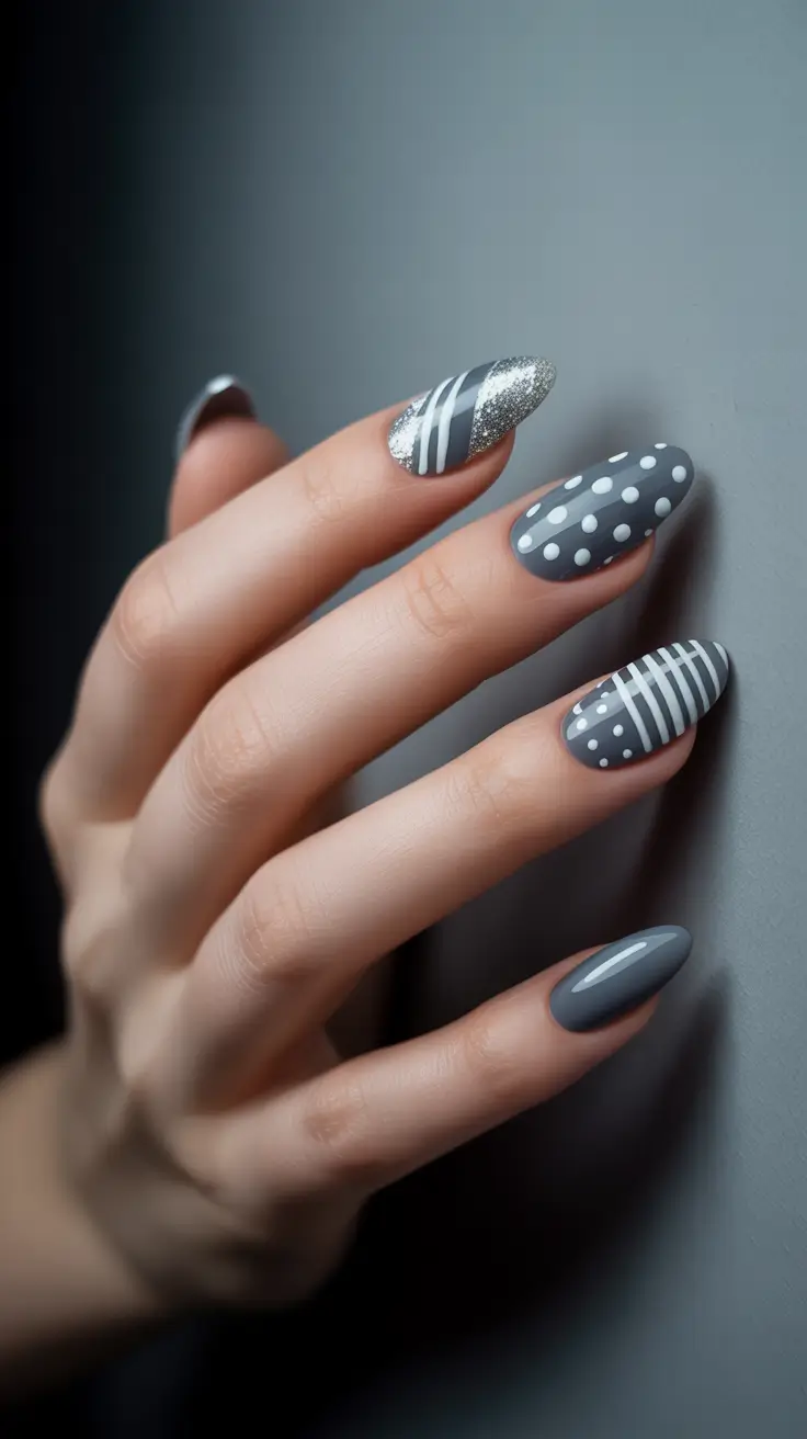 Winter Nail Inspo 2025-2026 - Charcoal Knit Stripes and Dots