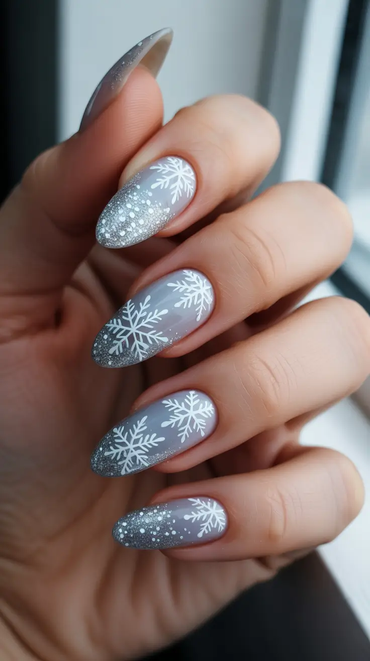 Winter Nail Inspo 2025-2026 - Snowy Grey Gradient With Sparkle Drift
