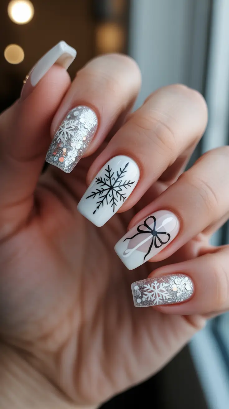 Winter Nail Inspo 2025-2026 - Snowy Gift Wrap In White and Silver