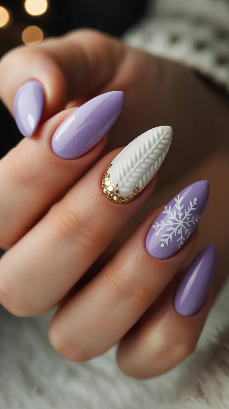 Winter Nail Inspo 2025-2026 - Lilac Knit With Gold Halo