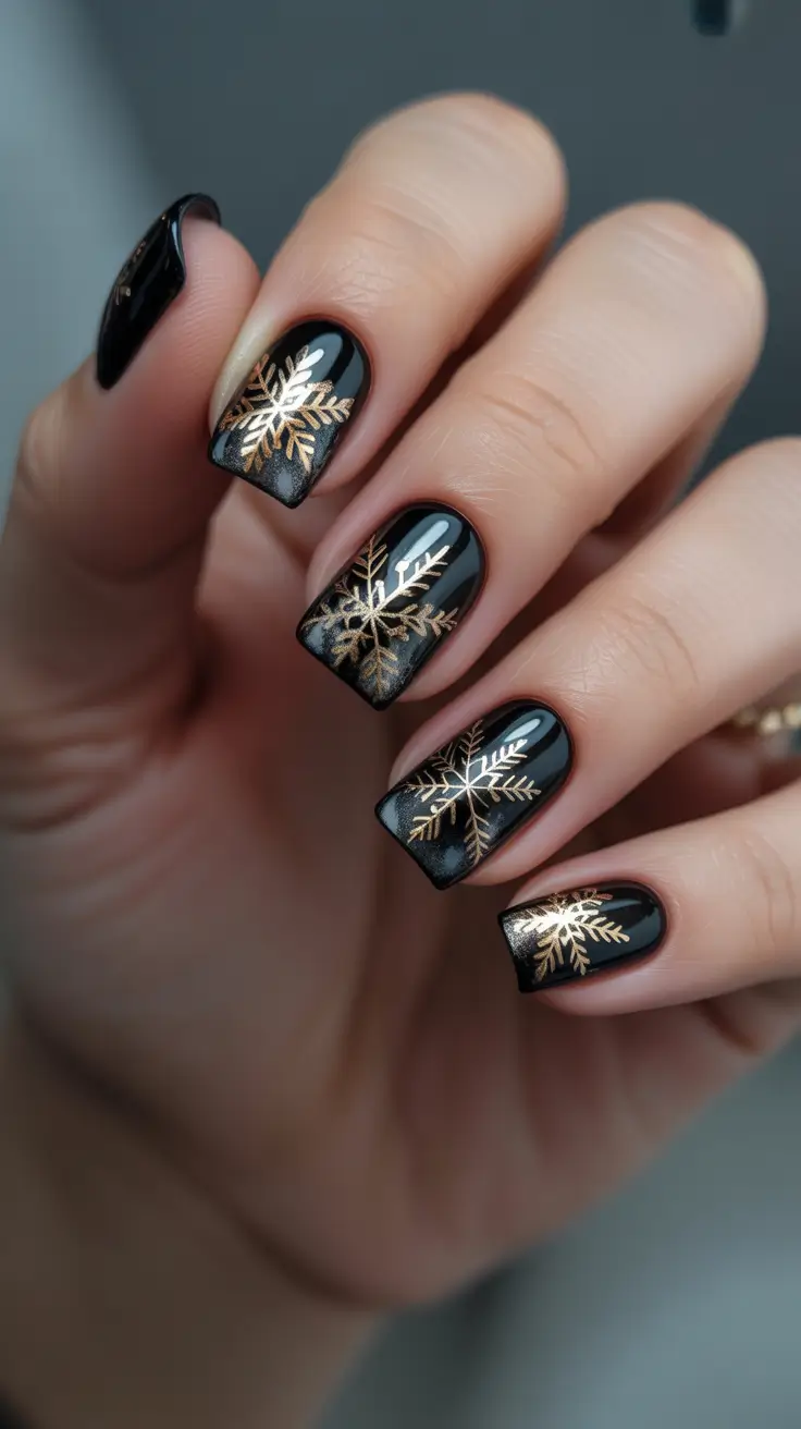 Winter Nail Inspo 2025-2026 - Black Velvet With Gilded Snowflakes