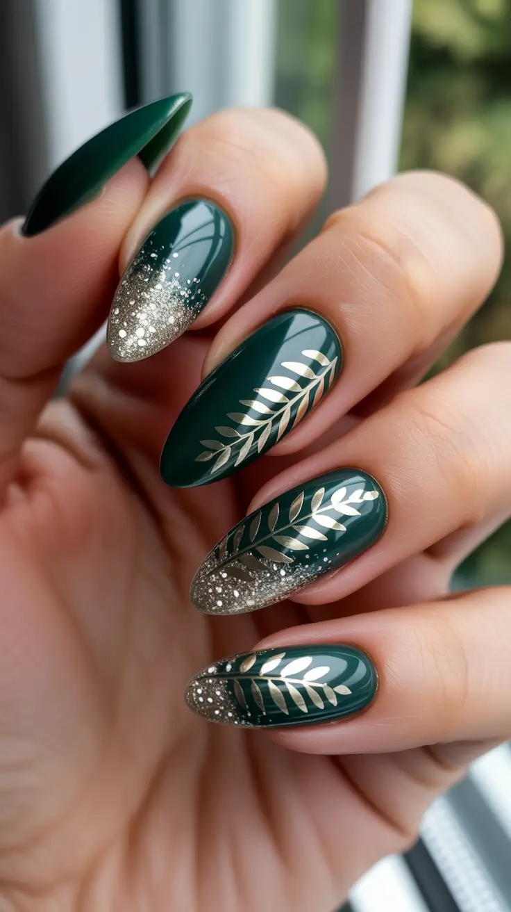 Winter Nail Inspo 2025-2026 - Evergreen Leaves With Champagne Sparkle
