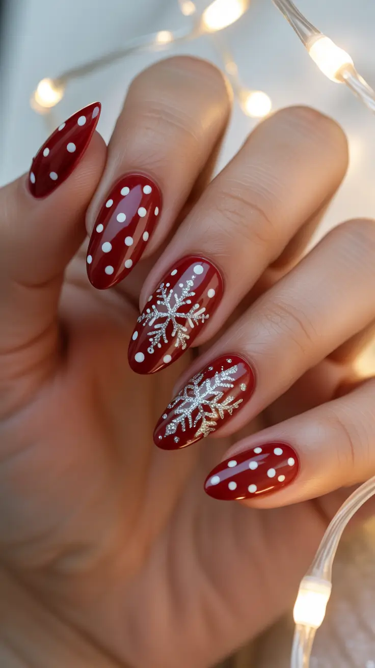 Winter Nail Inspo 2025-2026 - Cranberry Polka With Silver Snow
