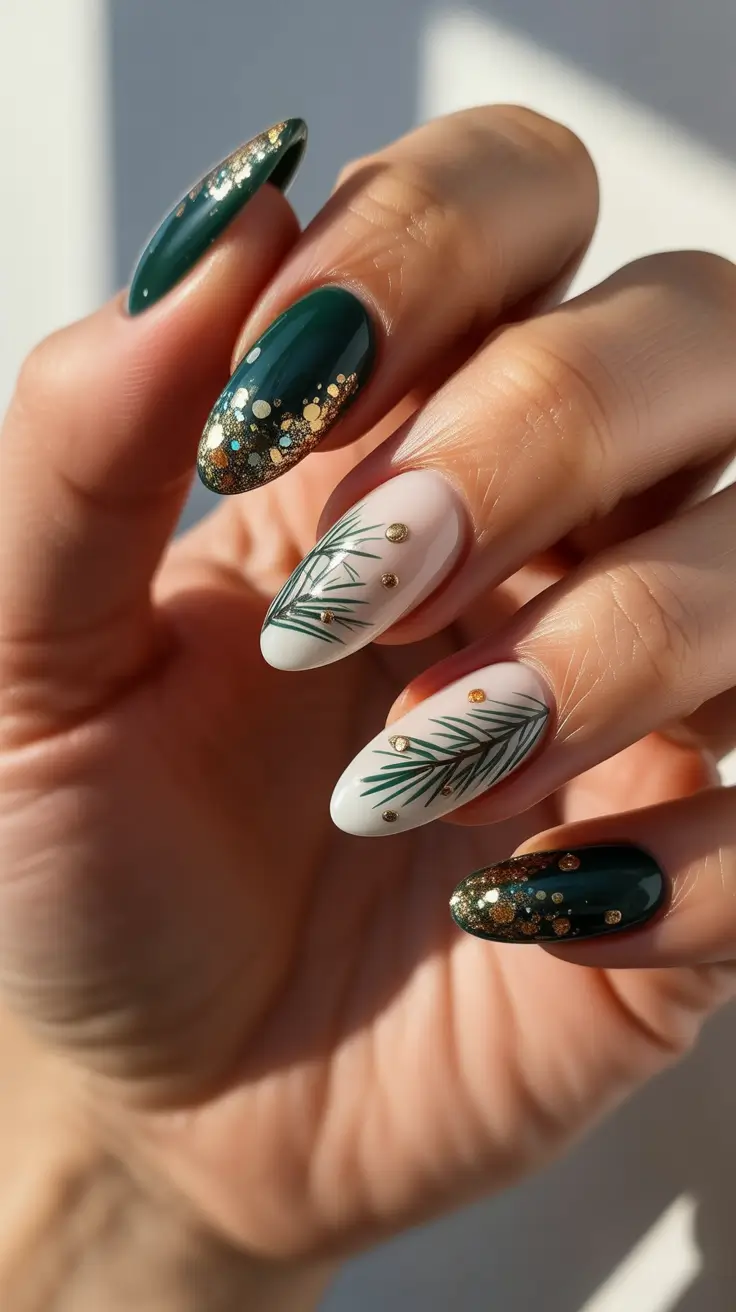 Winter Nail Inspo 2025-2026 - Nordic Pine and Gold Confetti