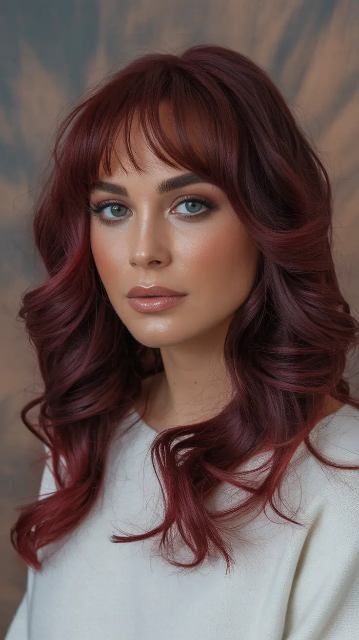winter trending hair colors - Cabernet Velvet With Whisper Bangs