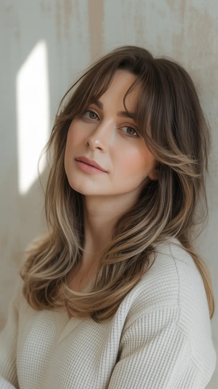 winter trending hair colors - Shoulder-Length Bronde With Airy Curtain Bangs