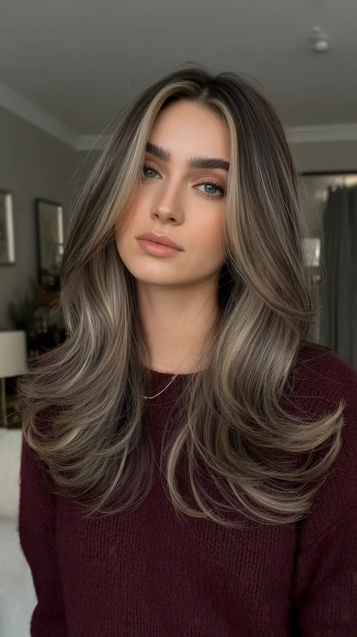 Ash Brown Hair Color 2026 - Smokey Ash Brown Layers With Soft Curtain Face Frame