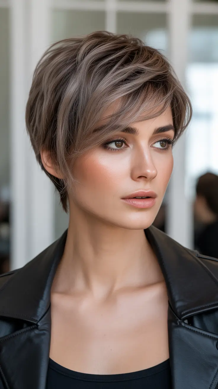 Ash Brown Hair Color 2026 - Edgy Smokey Ash Brown Pixie With Textured Layers
