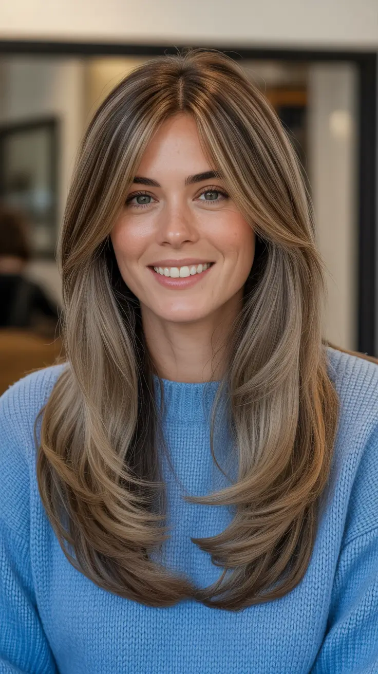 Ash Brown Hair Color 2026 - Layered Ash Brown Blowout With Golden Veil