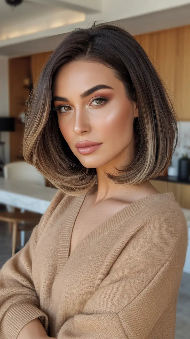 Ash Brown Hair Color 2026 - Tan Friendly Ash Brown Lob With Balayage Ends