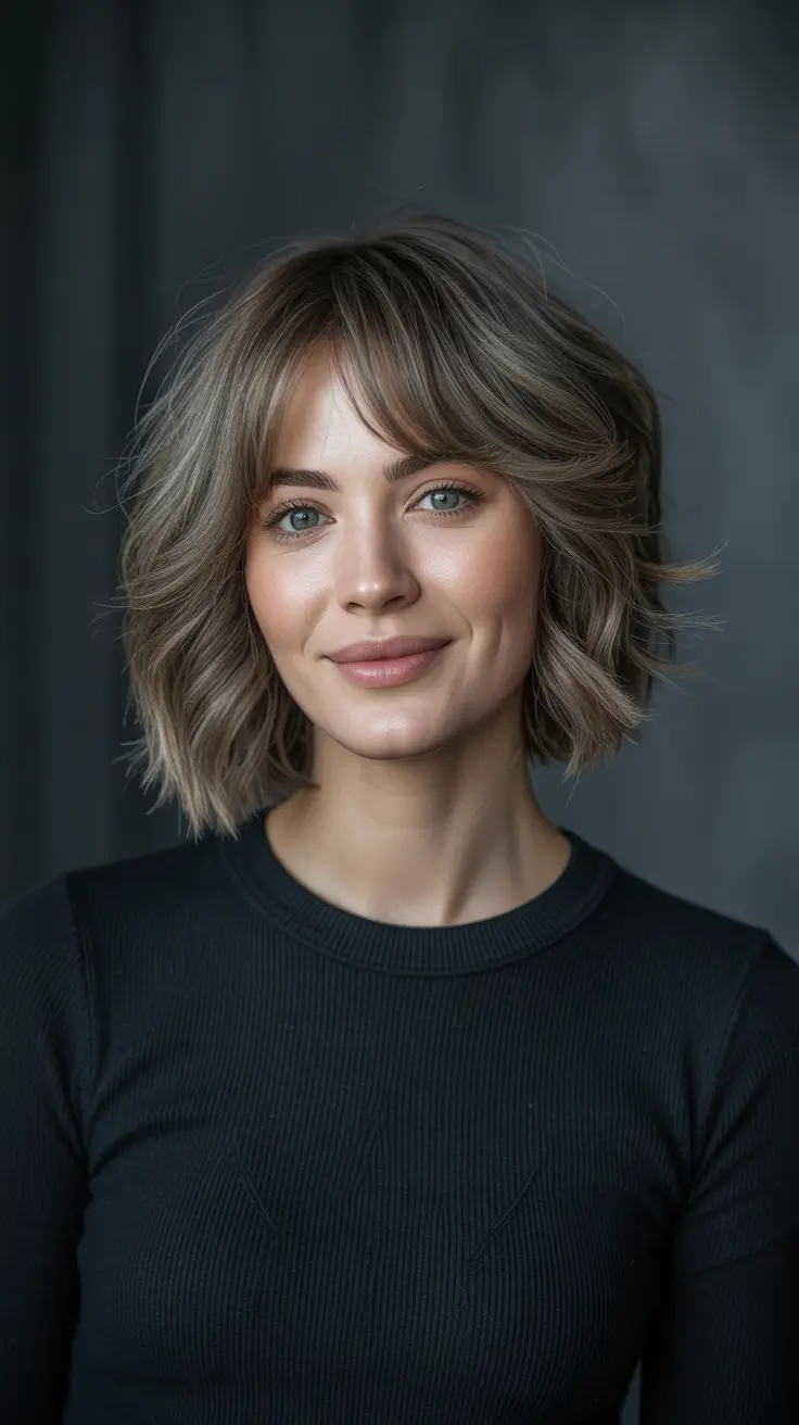 Ash Brown Hair Color 2026 - Tousled Mushroom Ash Brown Bob With Fringe