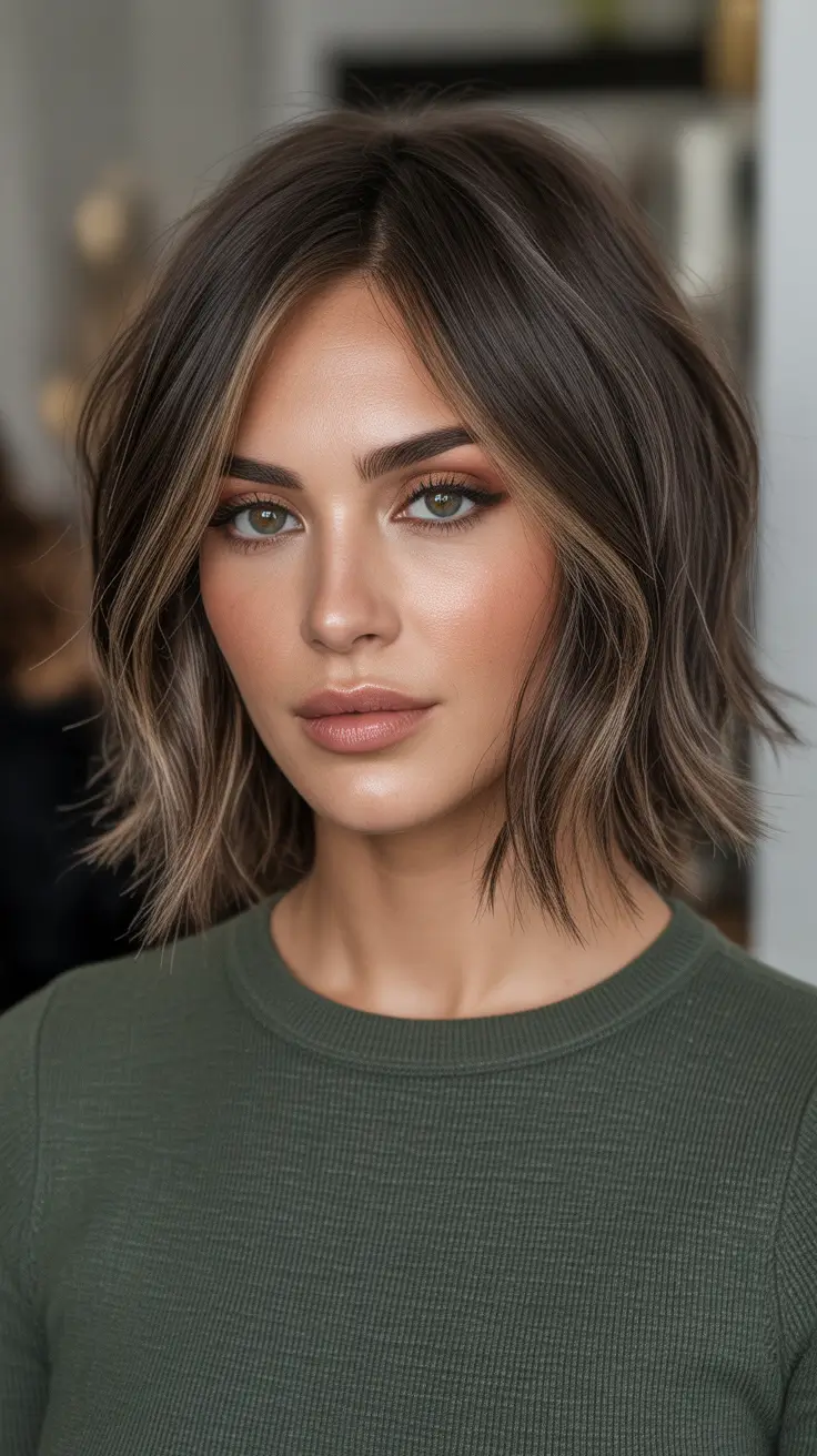 Ash Brown Hair Color 2026 - Espresso Ash Brown Tousled Lob With Balayage